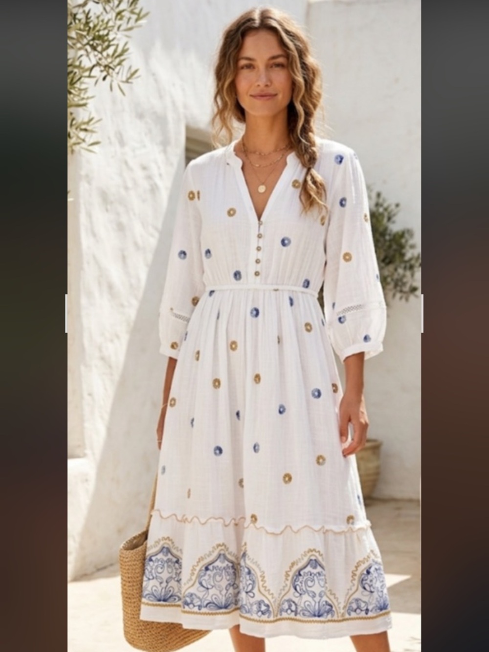 Figueroa & flower White Embroidered Midi Dress with Blue & Gold Accents